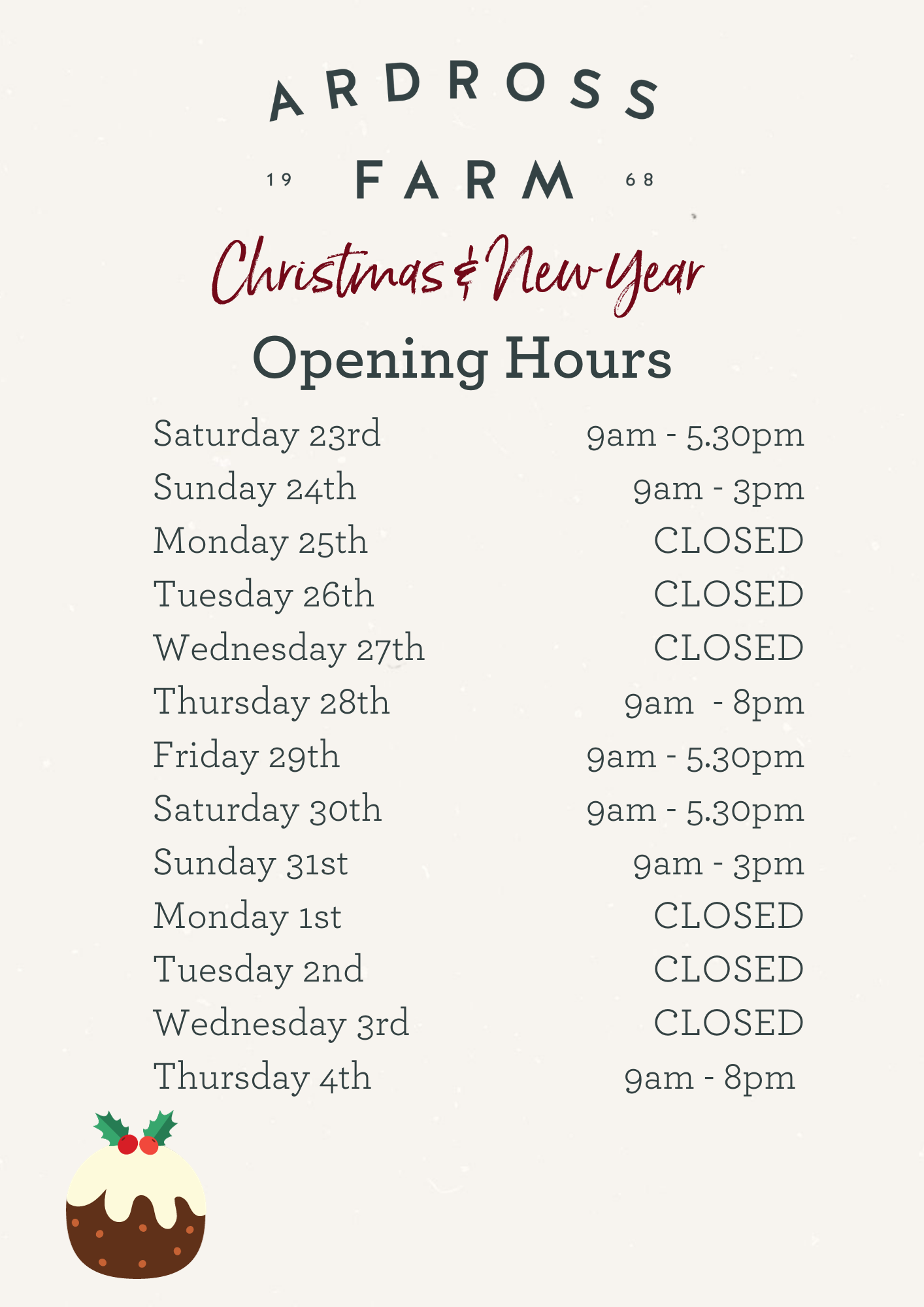 Ardross Farm Opening Hours over Christmas and New Year