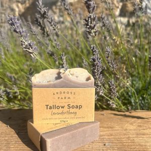 Lavender Tallow Soap sitting on wooden box