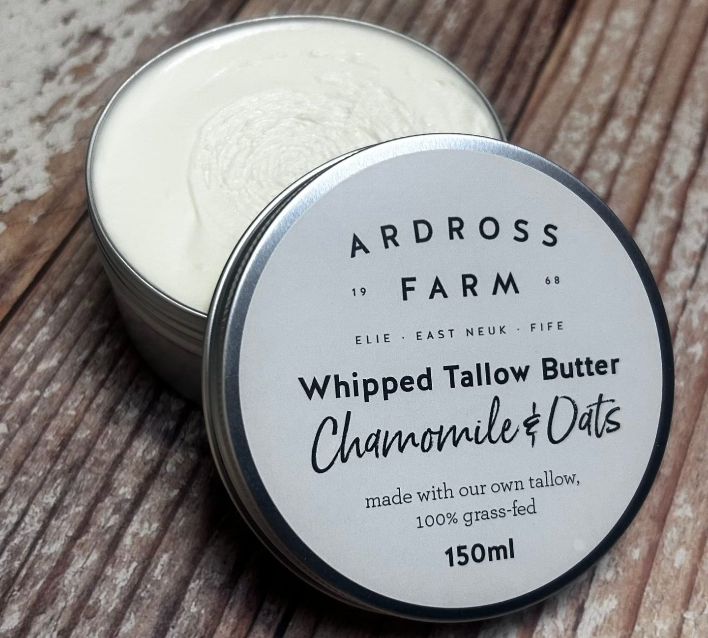 Open Tin of Chamomile & Oats tallow butter