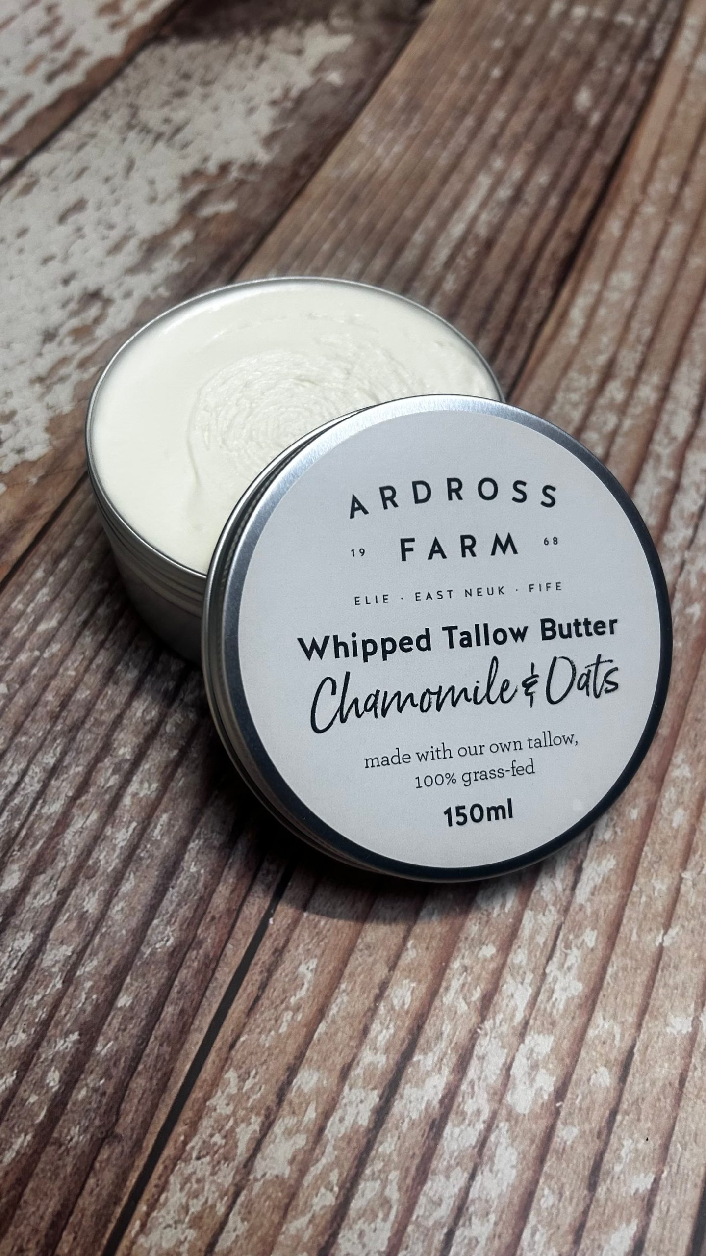 Open Tin of Chamomile & Oats tallow butter
